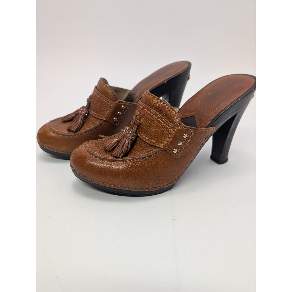 Michael Kors Brown Leather Tassel Mule Clogs Wood High Heel Shoes Womens 5.5 M